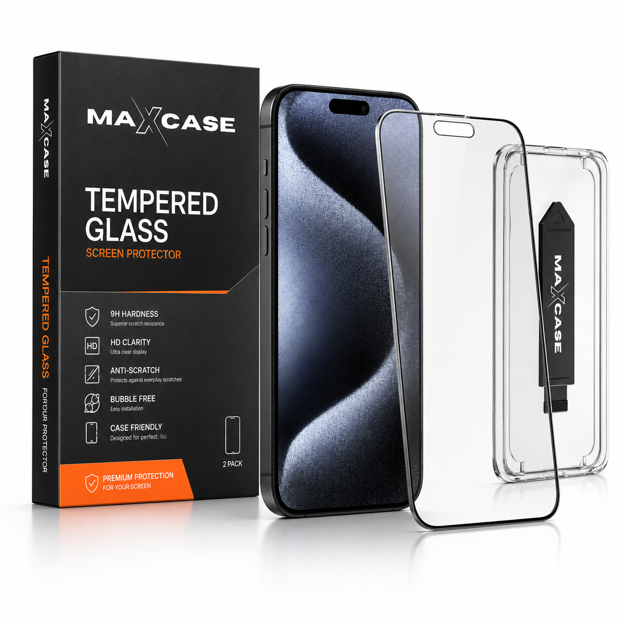 Maxcase Tempered Glass Screen Protector for iPhone 13/14/15/16/17 Series, 9H Hardness, HD Clear, Anti-Scratch, Bubble-Free Easy Installation with Alignment Tray, Case Friendly Screen Guard, 2 Pack