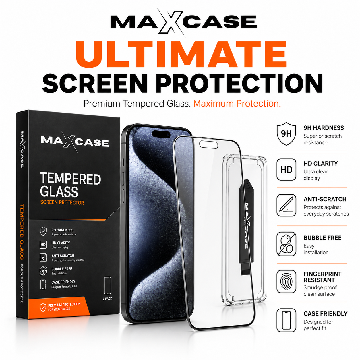 Maxcase Tempered Glass Screen Protector for iPhone 13/14/15/16/17 Series, 9H Hardness, HD Clear, Anti-Scratch, Bubble-Free Easy Installation with Alignment Tray, Case Friendly Screen Guard, 2 Pack