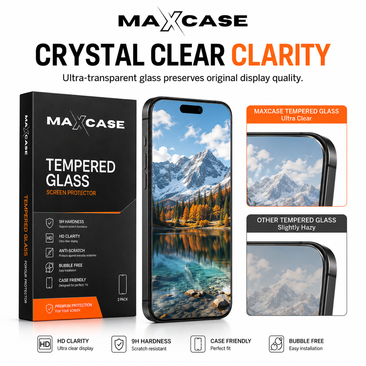 Maxcase Tempered Glass Screen Protector for iPhone 13/14/15/16/17 Series, 9H Hardness, HD Clear, Anti-Scratch, Bubble-Free Easy Installation with Alignment Tray, Case Friendly Screen Guard, 2 Pack