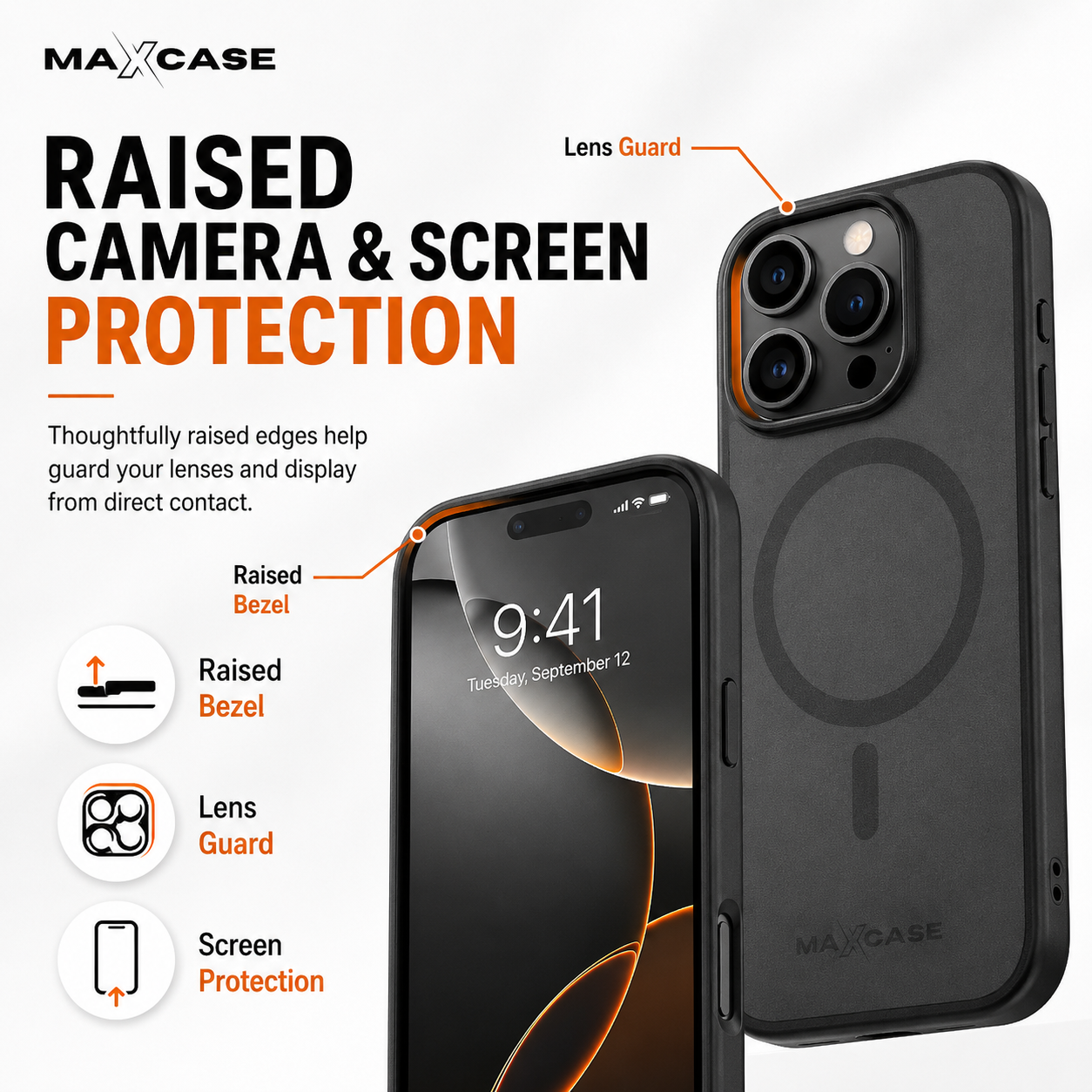 Maxcase OG Premium Black Case for iPhone 13/14/15/16 Series, MagSafe Compatible, 10FT Drop Protection, Shock Absorbing Corners, Raised Camera & Screen Protection, Slim Matte Hybrid Back Cover