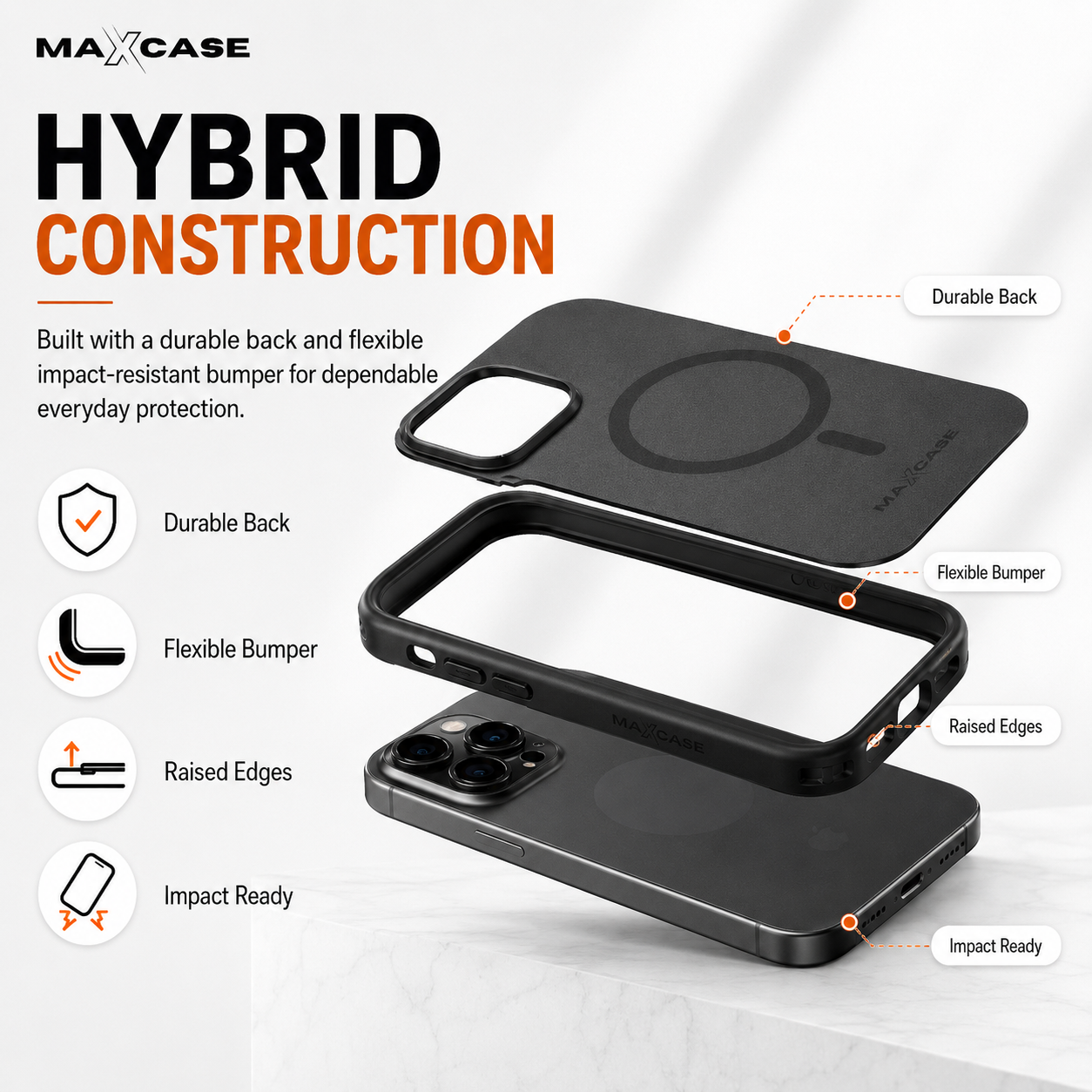 Maxcase OG Premium Black Case for iPhone 13/14/15/16 Series, MagSafe Compatible, 10FT Drop Protection, Shock Absorbing Corners, Raised Camera & Screen Protection, Slim Matte Hybrid Back Cover