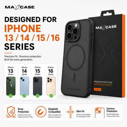 Maxcase OG Premium Black Case for iPhone 13/14/15/16 Series, MagSafe Compatible, 10FT Drop Protection, Shock Absorbing Corners, Raised Camera & Screen Protection, Slim Matte Hybrid Back Cover